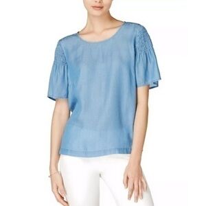 Maison Jules Womens Blue Chambray Pleated Top